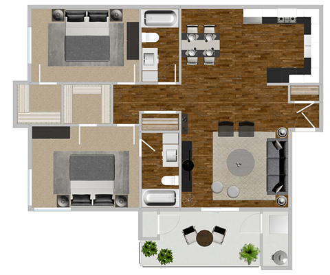 Floor plan for 2 beds, 2 baths, 1052 sqft